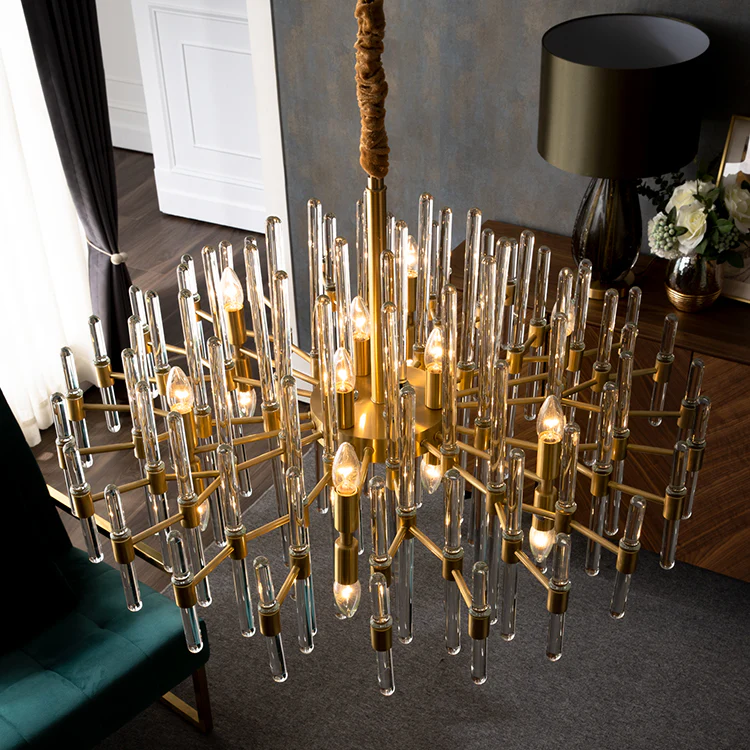 Antique Brass Glass Tube Chandelier